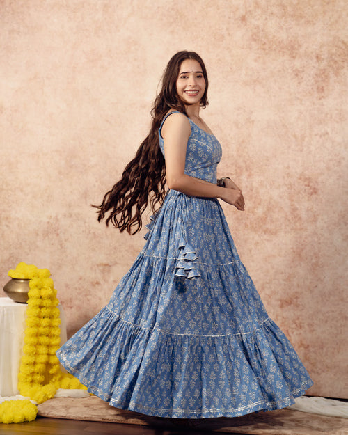 Sky Blue Block Print Tier Lehenga Set