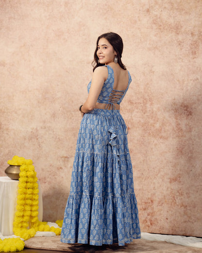 Sky Blue Block Print Tier Lehenga Set
