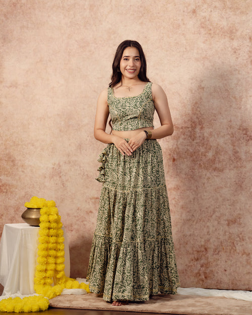 Green Block print Tier Lehenga Set