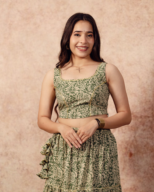Green Block print Tier Lehenga Set