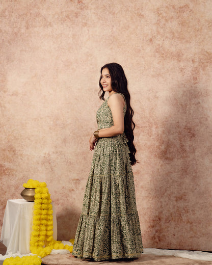 Green Block print Tier Lehenga Set