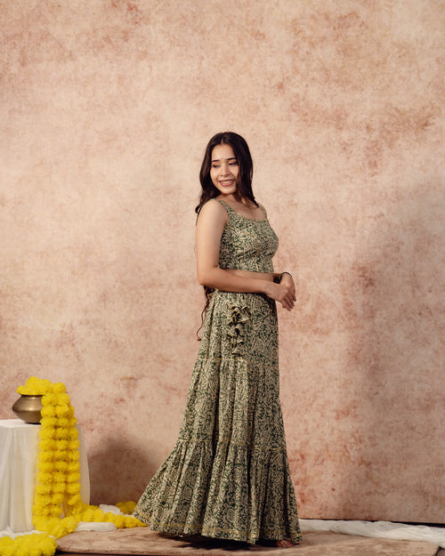 Green Block print Tier Lehenga Set