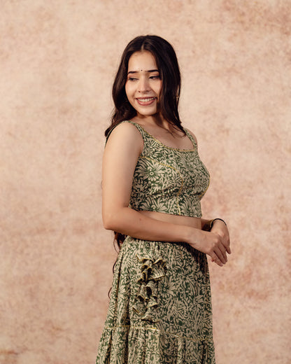 Green Block print Tier Lehenga Set
