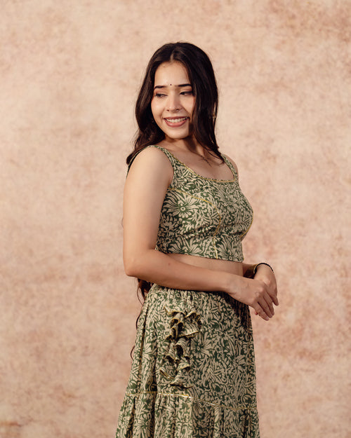Green Block print Tier Lehenga Set