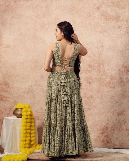 Green Block print Tier Lehenga Set