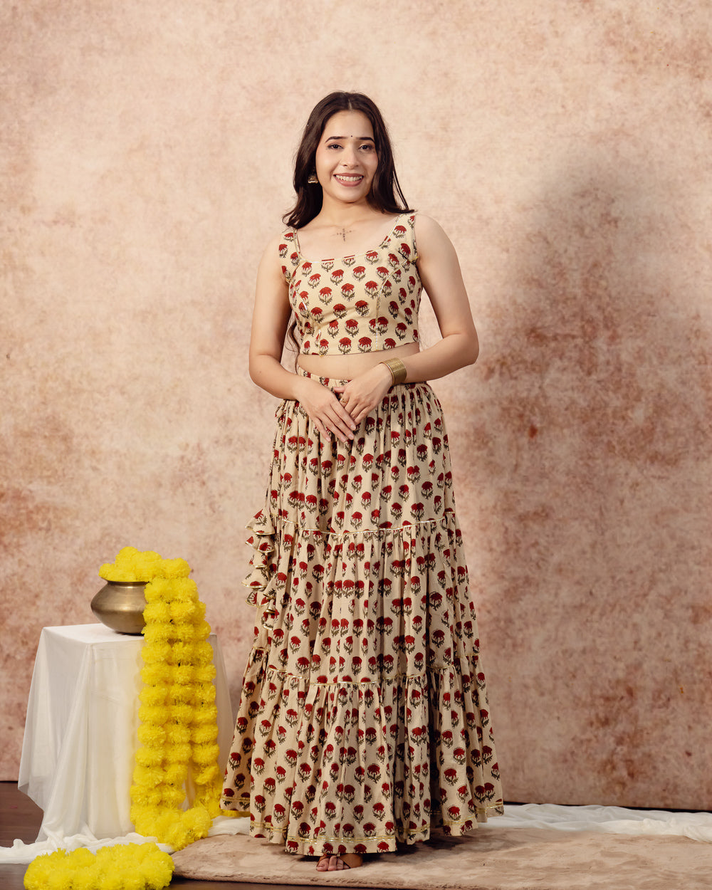 Beige Tier Lehenga Set