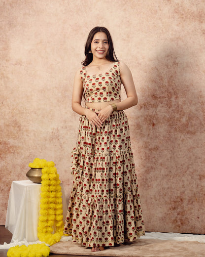 Beige Tier Lehenga Set