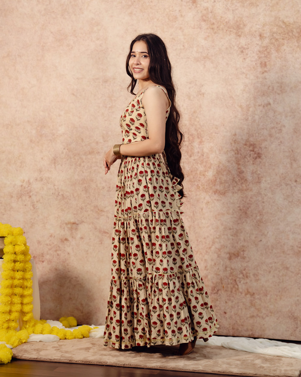 Beige Tier Lehenga Set