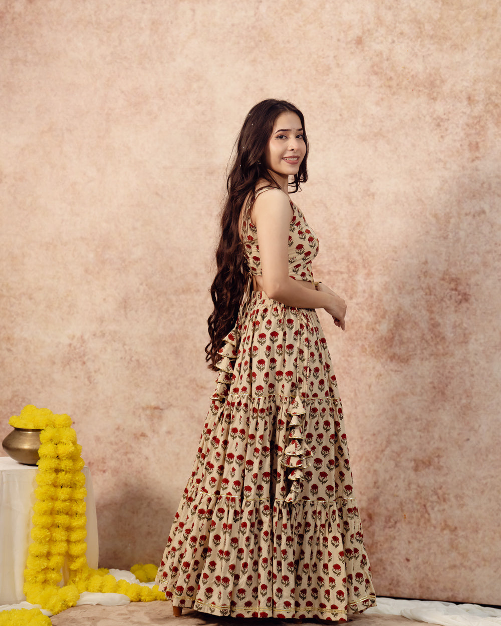 Beige Tier Lehenga Set
