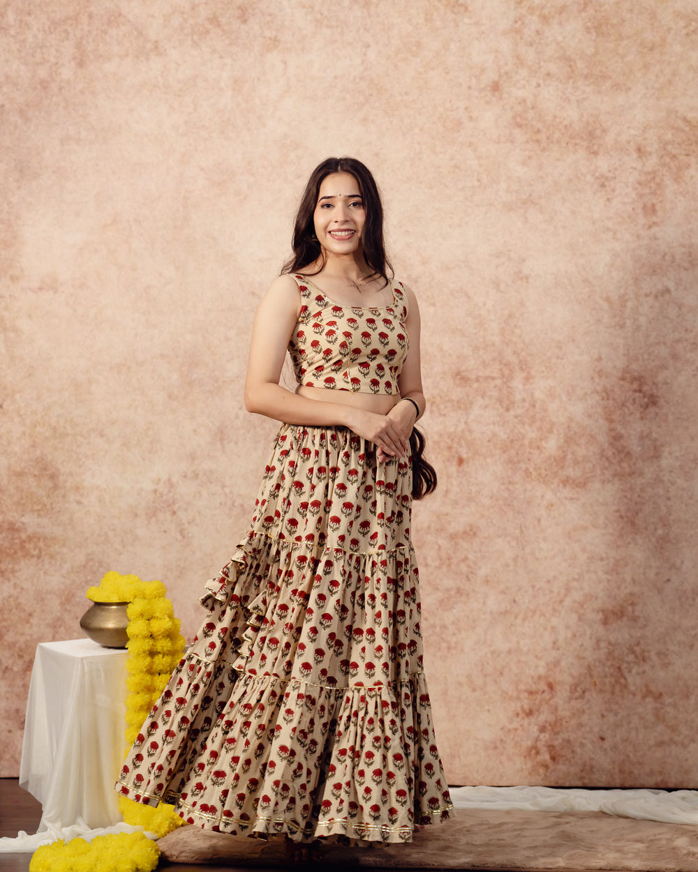 Beige Tier Lehenga Set
