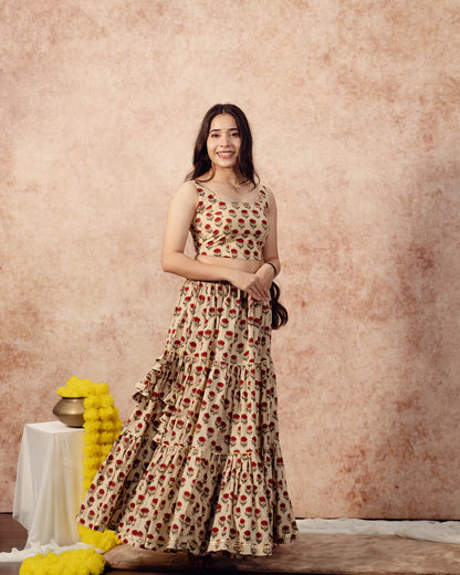 Beige Tier Lehenga Set