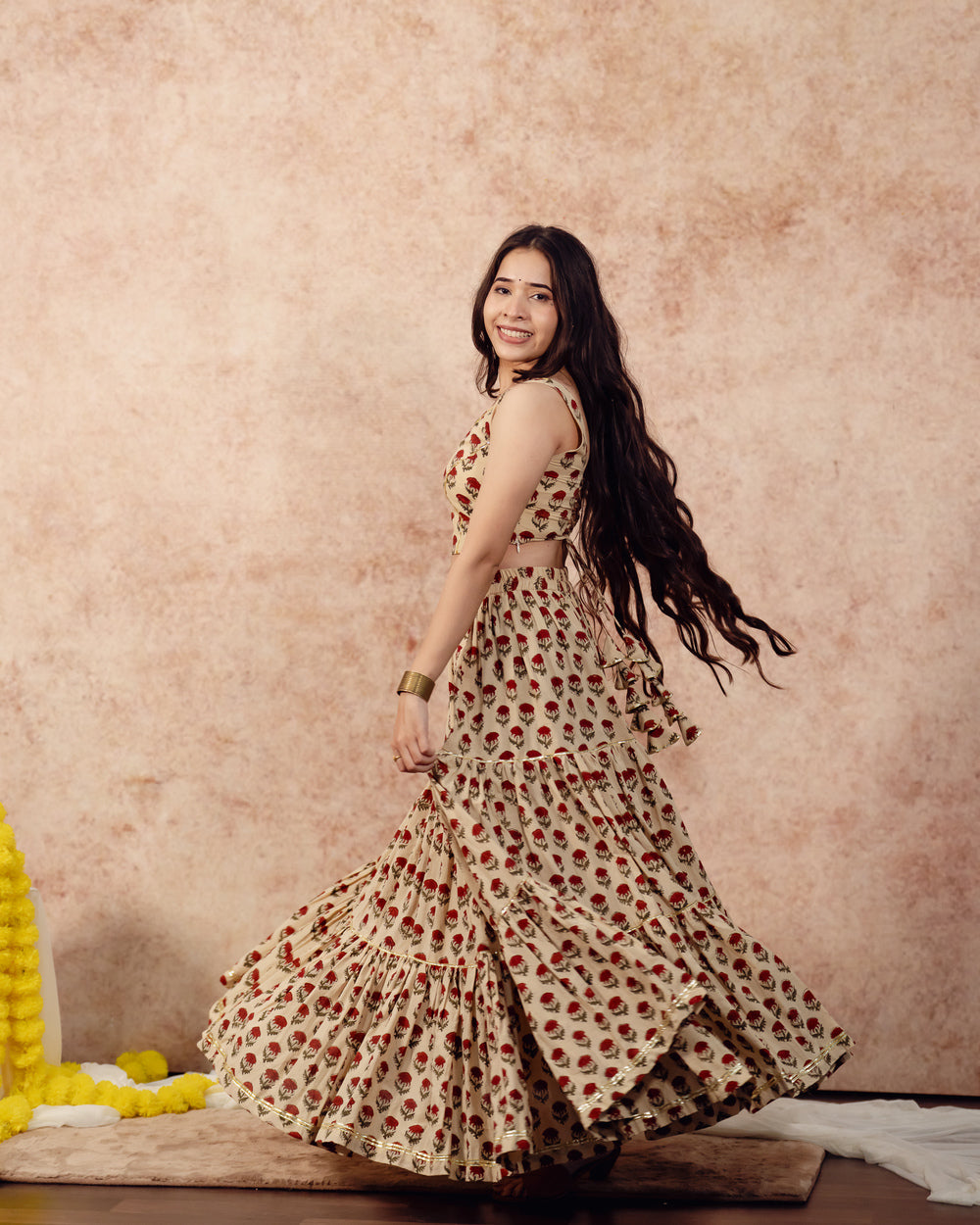Beige Tier Lehenga Set
