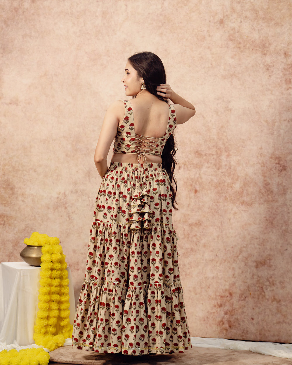 Beige Tier Lehenga Set