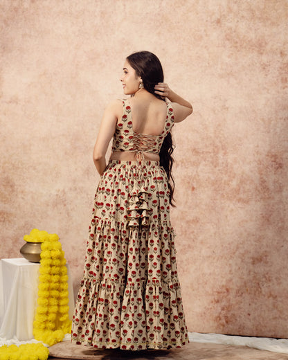 Beige Tier Lehenga Set