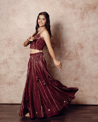 Shibori Brick Brown Kali Lehenga Set