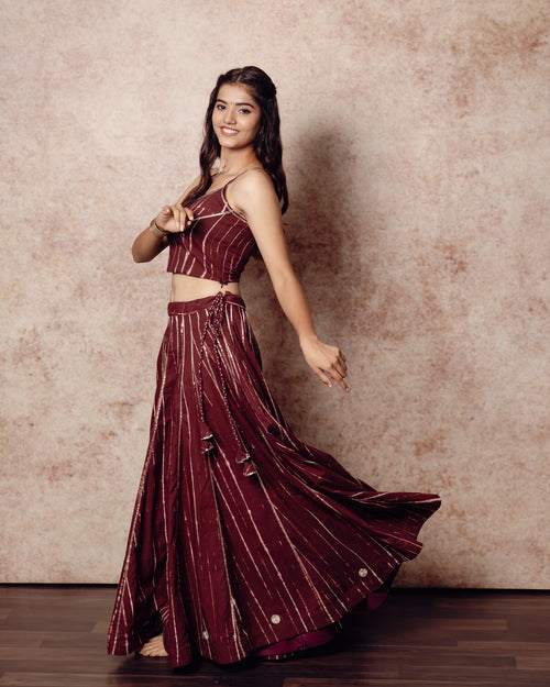 Shibori Brick Brown Kali Lehenga Set