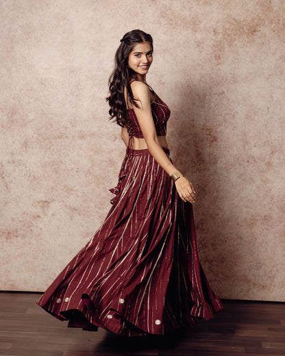 Shibori Brick Brown Kali Lehenga Set