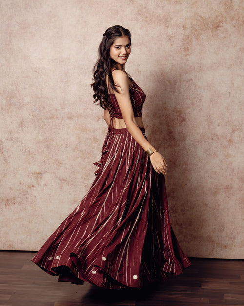 Shibori Brick Brown Kali Lehenga Set