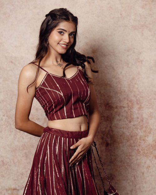 Shibori Brick Brown Kali Lehenga Set