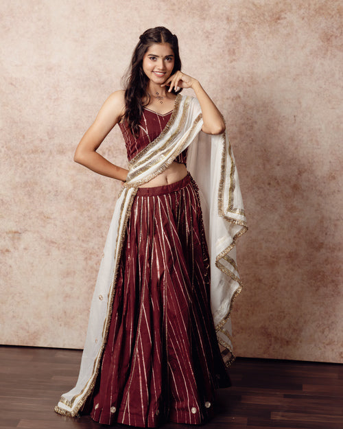 Shibori Brick Brown Kali Lehenga Set