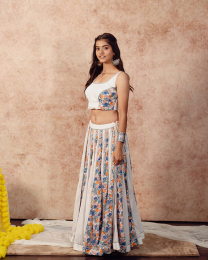 White Solids & Block Print Kali Lehenga Set