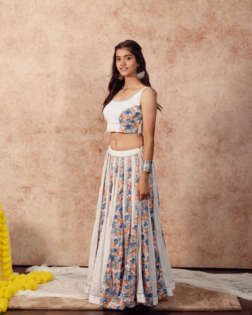 White Solids & Block Print Kali Lehenga Set