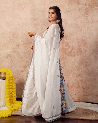 White Solids & Block Print Kali Lehenga Set