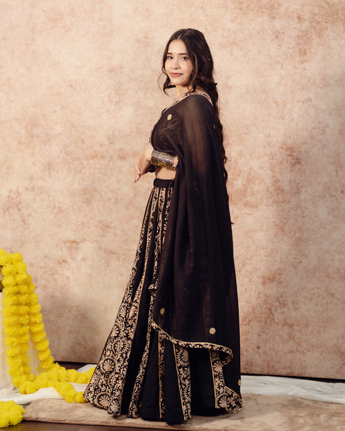 Black Solids & Block Print Kali Lehenga Set