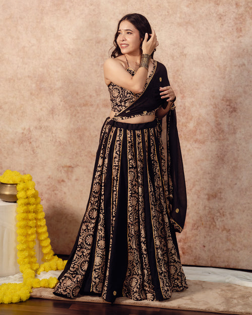 Black Solids & Block Print Kali Lehenga Set