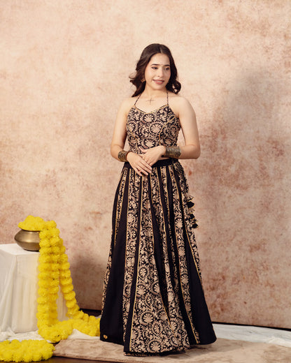 Black Solids & Block Print Kali Lehenga Set