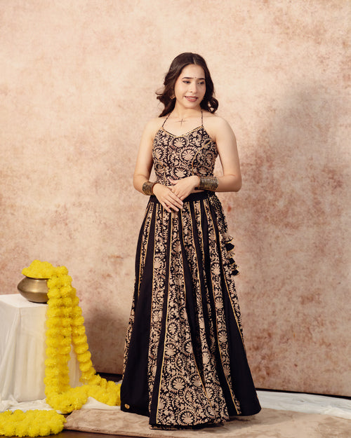 Black Solids & Block Print Kali Lehenga Set