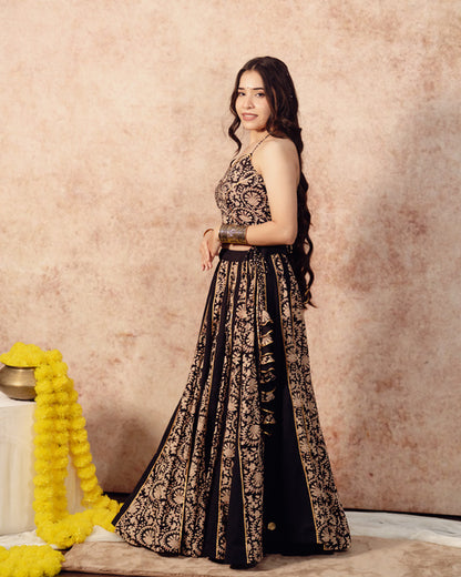 Black Solids & Block Print Kali Lehenga Set
