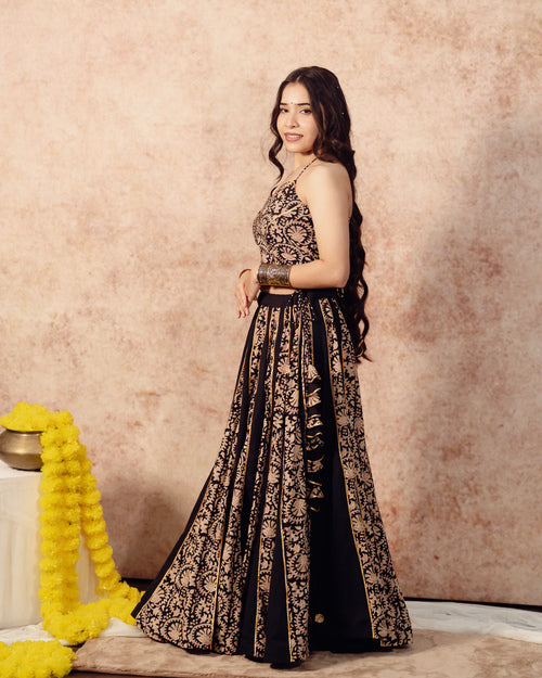 Black Solids & Block Print Kali Lehenga Set