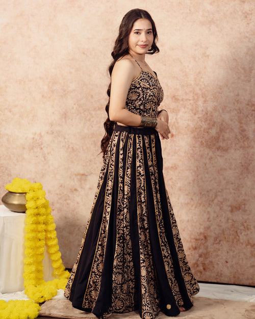 Black Solids & Block Print Kali Lehenga Set