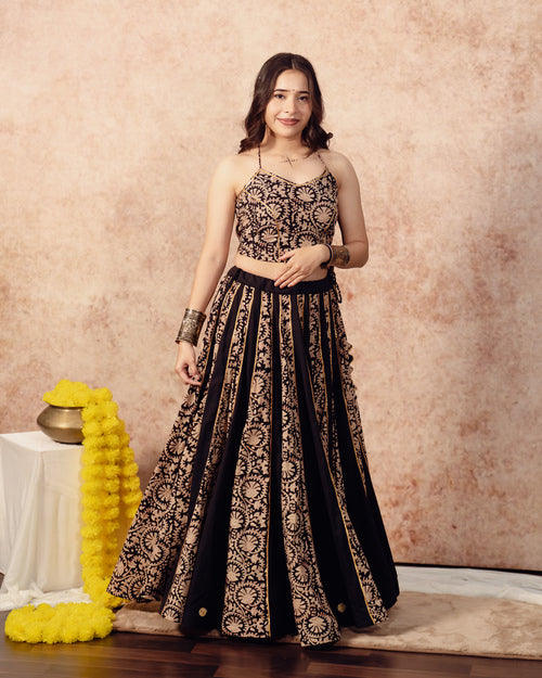 Black Solids & Block Print Kali Lehenga Set