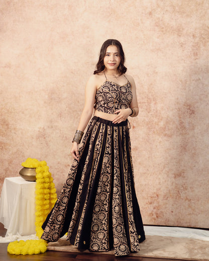 Black Solids & Block Print Kali Lehenga Set