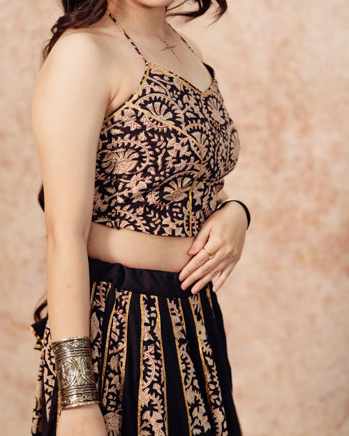 Black Solids & Block Print Kali Lehenga Set