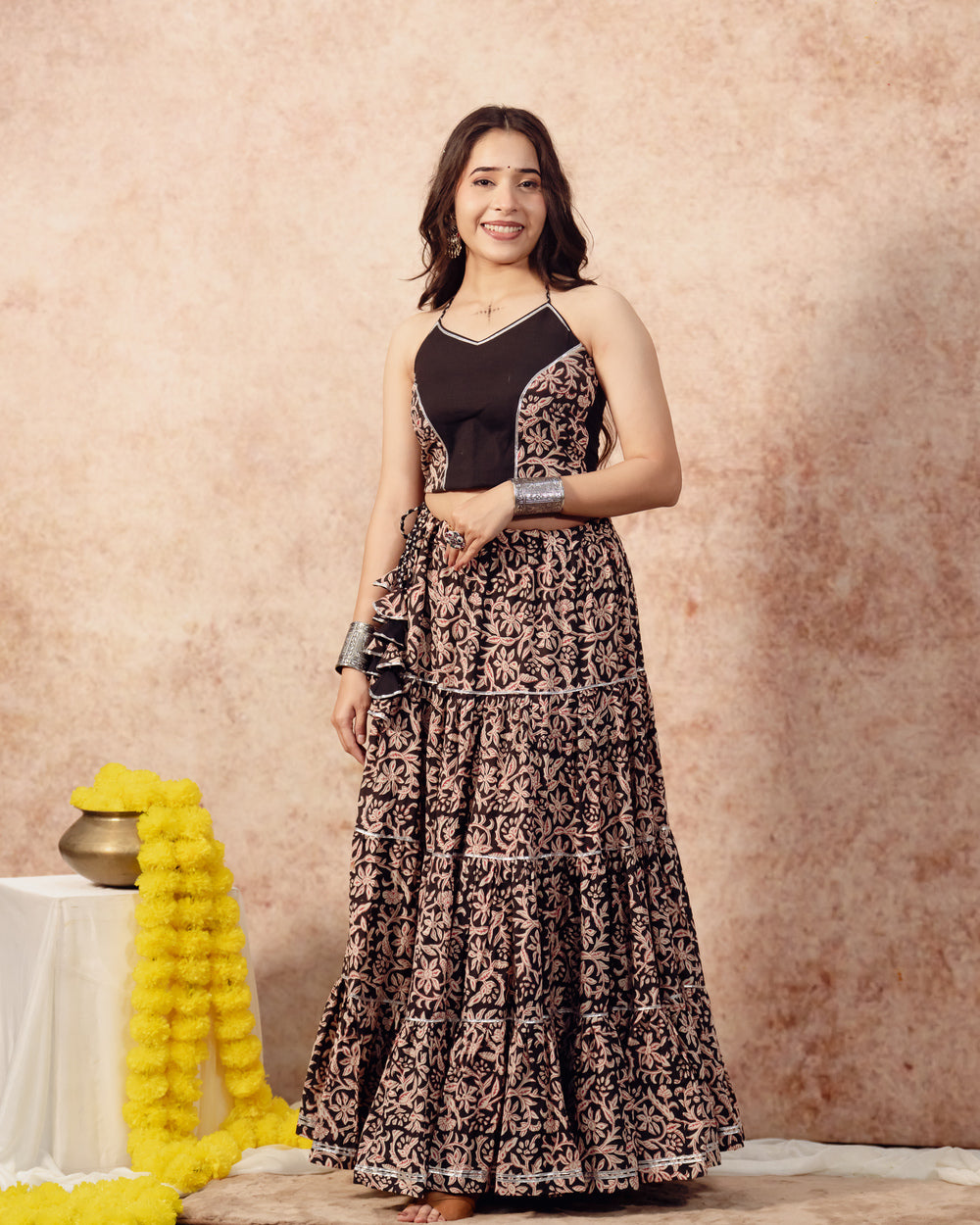 Black Block Print Tier Lehenga Set