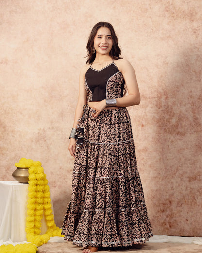 Black Block Print Tier Lehenga Set
