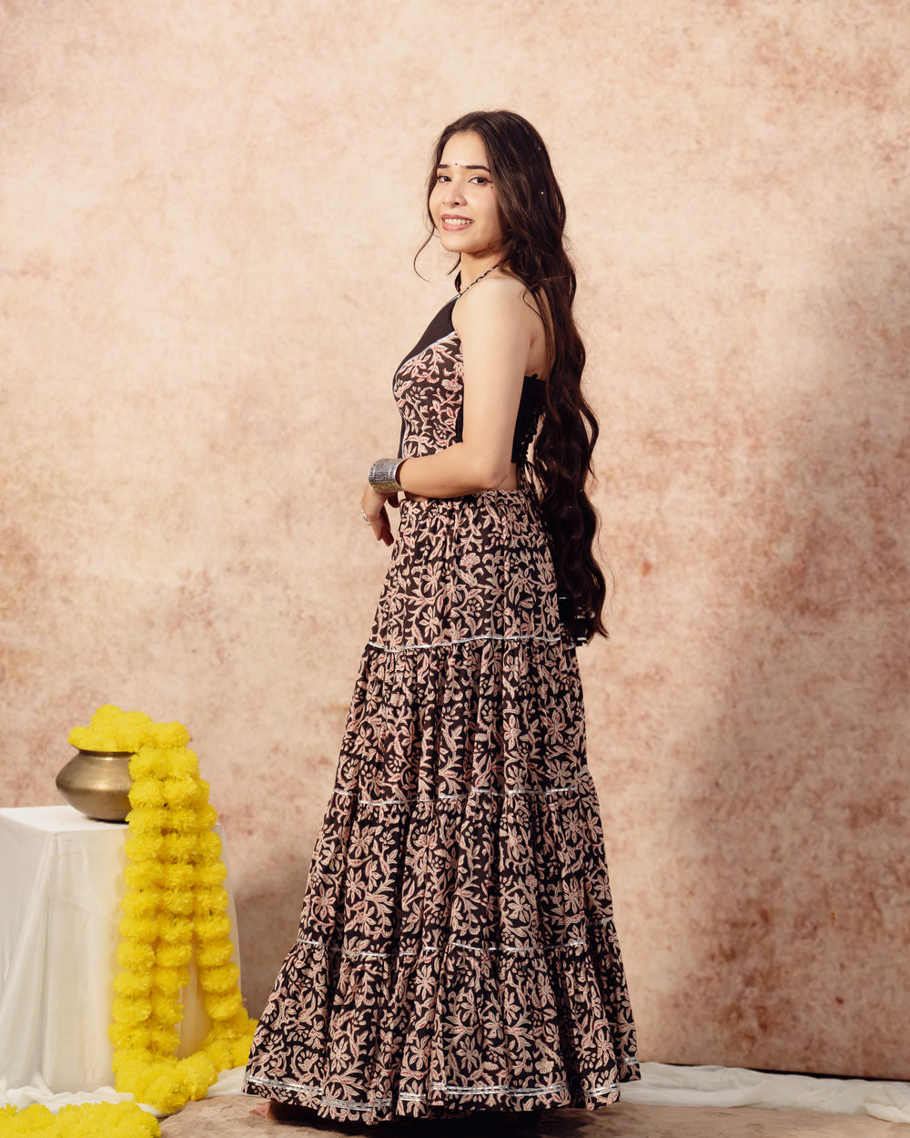 Black Block Print Tier Lehenga Set