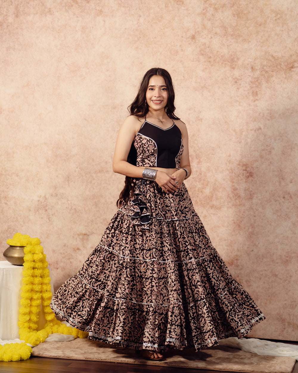 Black Block Print Tier Lehenga Set