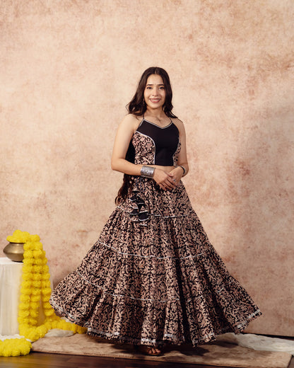 Black Block Print Tier Lehenga Set