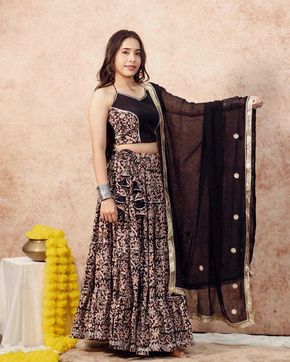 Black Block Print Tier Lehenga Set