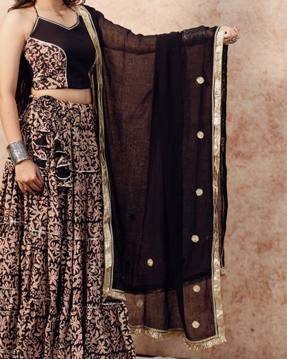 Black Block Print Tier Lehenga Set