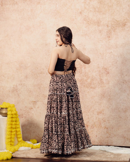 Black Block Print Tier Lehenga Set