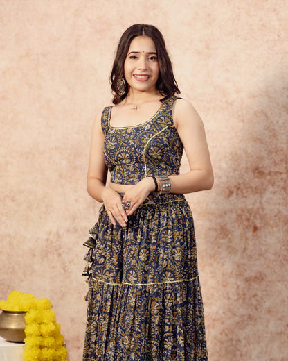 Dark Green Block Print Tier Lehenga Set