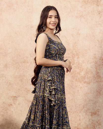 Dark Green Block Print Tier Lehenga Set