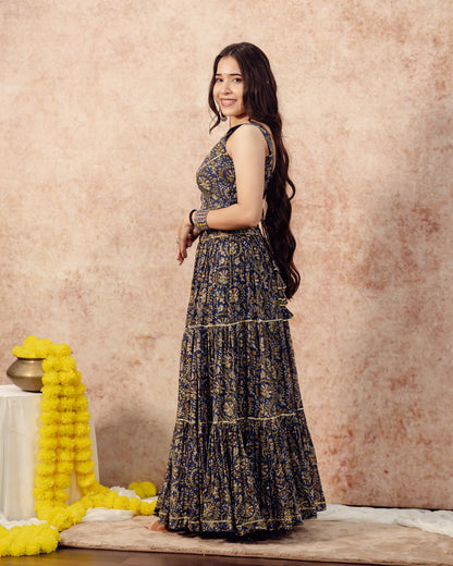 Dark Green Block Print Tier Lehenga Set