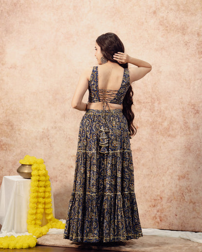 Dark Green Block Print Tier Lehenga Set