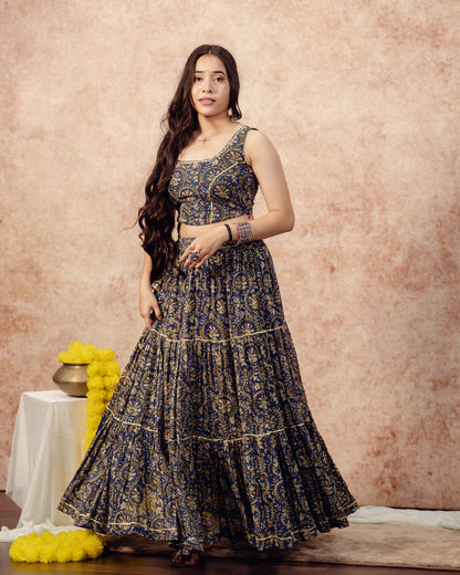 Dark Green Block Print Tier Lehenga Set